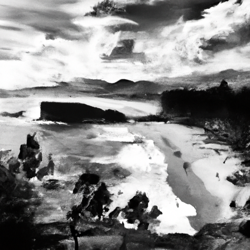 Black and White Oregon Coast Beach Landscape painting, realism, high definition. 