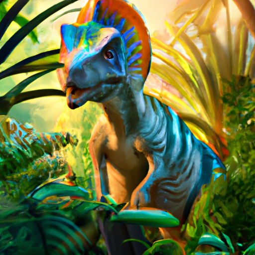 colorful dinosaur in the jungle, surrealism, realistic, digital art