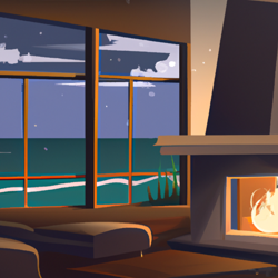 Cozy fireplace in front of large ceiling to floor windows, in a big house on a cliff overlooking the ocean. Evening time, cozy feeling, digital art