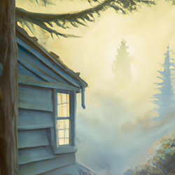 Create a foggy, surreal landscape painting of a cozy cabin in the Oregon woods. Use a mix of watercolor and oil paints to capture the misty atmosphere.