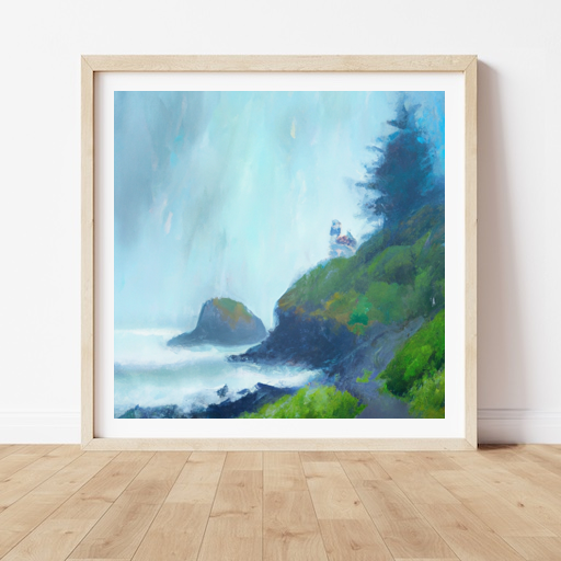 Create a foggy, moody painting of the Oregon coast on a rainy day. Use a mix of blues, greys, and greens to capture the misty atmosphere. Include a rocky shoreline, a few trees, and a lighthouse in the background. Make sure to include a few raindrops in the painting to emphasize the wet weather. Art style: Impressionism.