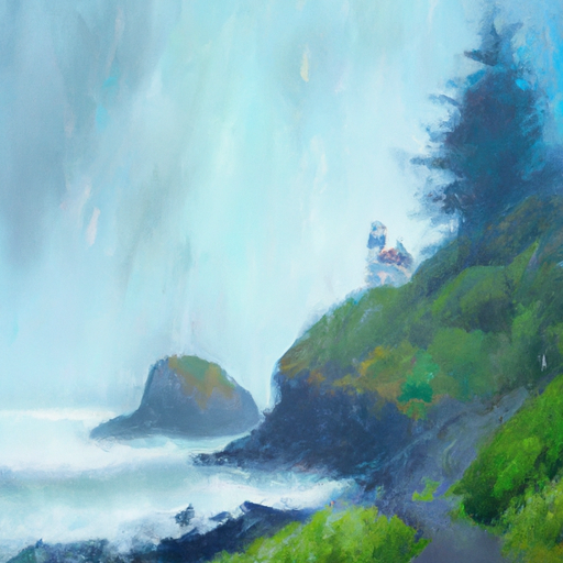 Create a foggy, moody painting of the Oregon coast on a rainy day. Use a mix of blues, greys, and greens to capture the misty atmosphere. Include a rocky shoreline, a few trees, and a lighthouse in the background. Make sure to include a few raindrops in the painting to emphasize the wet weather. Art style: Impressionism.