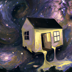 Create a surreal painting of a house floating in the vastness of space. Use a combination of abstract and expressionism to capture the feeling of being alone in the universe. Include stars and galaxies in the background to emphasize the vastness of the scene.