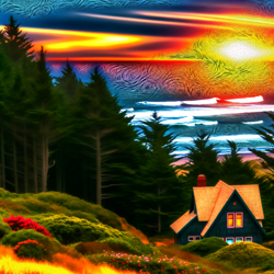 Craft a digital artwork that features an adorably quaint cottage nestled at the heart of an Oregon coastal forest. The setting sun casts its luminescent orange and gold hues on the waves, while the verdant forest is flecked with flowers. Foreground should exhibit playful wildlife, capturing the serene ambience of Pacific Northwest living.