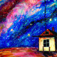 Create a surreal painting of a house floating in the vastness of space. Use a combination of abstract and expressionism to capture the feeling of being alone in the universe. Include stars and galaxies in the background to emphasize the vastness of the scene.