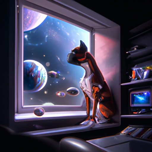 Futuristic spaceship flying away from earth, planets and stars amongst dark background. Boxer dog looking out of window staring longingly into space. Clear, defined, sharp, bright colors, digital art 