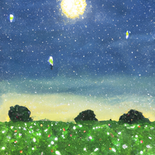 It's a cool, summer night and the stars are twinkling in the night sky. Create a painting of a peaceful, summer night scene with a bright, full moon in the background and a field of fireflies in the foreground. Use a watercolor art style to capture the beauty of the night.