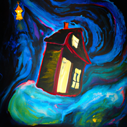 Create a surreal painting of a house floating in the vastness of space. Use a combination of abstract and expressionism to capture the feeling of being alone in the universe. Include stars and galaxies in the background to emphasize the vastness of the scene.