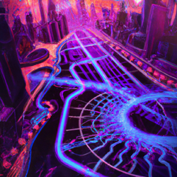 retro future neon city with detailed surroundings based on chicago loop