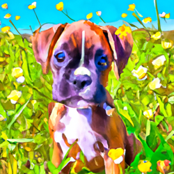 Create a painting of a cute puppy outside in a field of wildflowers. The puppy should be a boxer with a big, floppy ears and a bright, happy expression. The background should be a bright, sunny day with a light breeze blowing through the wildflowers. Use a watercolor art style to capture the beauty of the scene.