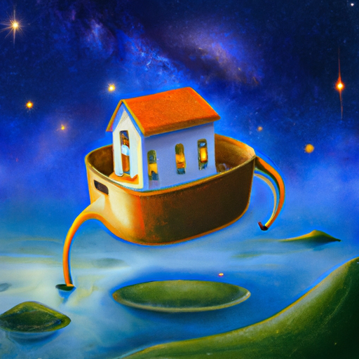 A house floating in the vastness of space, illuminated by stars and galaxies. A surreal, dreamlike painting in the style of surrealism. #surrealism