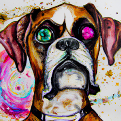 Hipster boxer dog, psychedelic, wide eyes, staring out at space, futuristic, high angle, defined eyes, watercolor painting