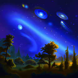 Create a surrealist painting of a star-filled forest floating in the vastness of space. The painting should be dreamlike and ethereal, with the stars and galaxies providing a soft, glowing light. Include details like trees, plants, and other elements of nature to create a peaceful and calming atmosphere. Make sure to capture the beauty of the night sky and the mystery of the unknown.