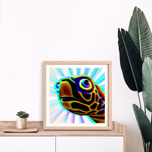 Hipster turtle, psychedelic, wide eyes, staring out at space, futuristic, high angle, defined eyes