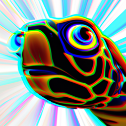 Hipster turtle, psychedelic, wide eyes, staring out at space, futuristic, high angle, defined eyes