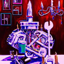 Create a photorealistic drawing inspired by postmodernism and Jean-Michel Basquiat, featuring a real engine with top lighting and acrylic paint. Incorporate ice sculpting and mysterious elements to evoke a post-impressionist, romantic, and abstract feel. Art type: Surrealism.