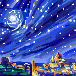 cityscape, brilliant stars, vibrant colors, Monet, 8k resolution, ultra hd, vector graphics, whimsical, serene, panoramic, landscapes, digital art, ancient greek