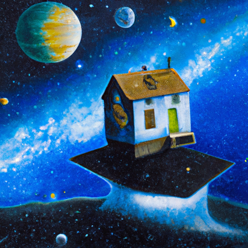 A house floating in the vastness of space, illuminated by stars and galaxies. A surreal, dreamlike painting in the style of surrealism. #surrealism