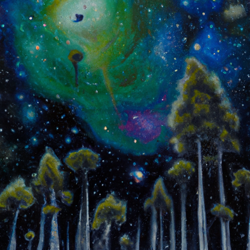 A forest floating in the vastness of space, illuminated by stars and galaxies. A surreal, dreamlike painting in the style of surrealism