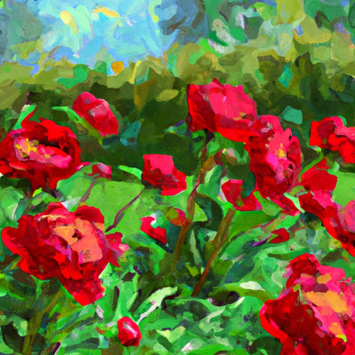 Create a painting of a garden in spring, with scarlet red peonies blooming. Use a style similar to Van Gogh's, with bold brushstrokes and vibrant colors.