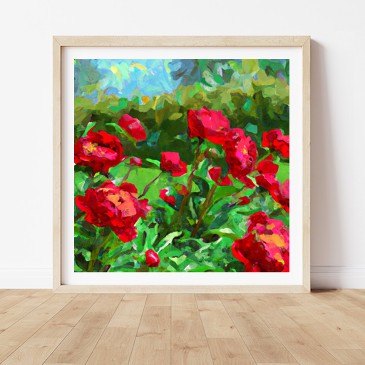 Create a painting of a garden in spring, with scarlet red peonies blooming. Use a style similar to Van Gogh's, with bold brushstrokes and vibrant colors.