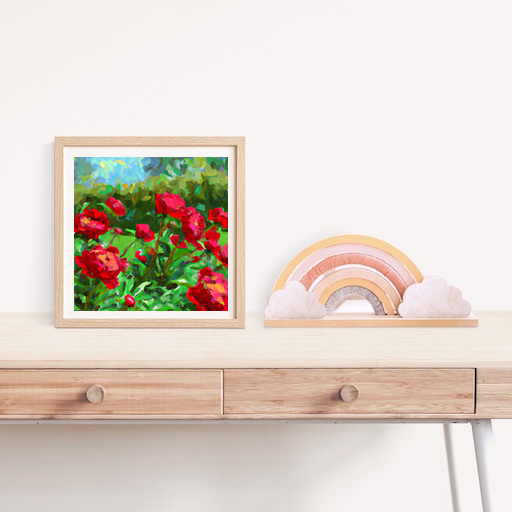 Create a painting of a garden in spring, with scarlet red peonies blooming. Use a style similar to Van Gogh's, with bold brushstrokes and vibrant colors.