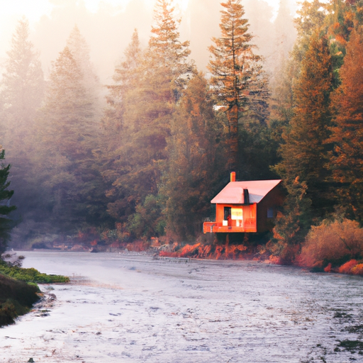 A cozy cabin nestled in the foggy Oregon woods, surrounded by tall evergreens and a winding river. The sun is setting, casting a warm orange glow on the misty landscape.