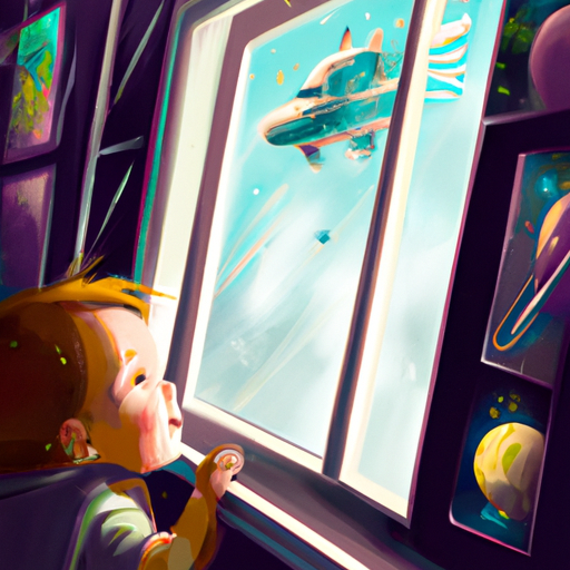 Futuristic spaceship flying away from earth, planets and stars amongst dark background. little kid pressing nose against glass, he is looking out of window with awe, staring longingly into space. defined, detailed, bright colors, in the style of realism