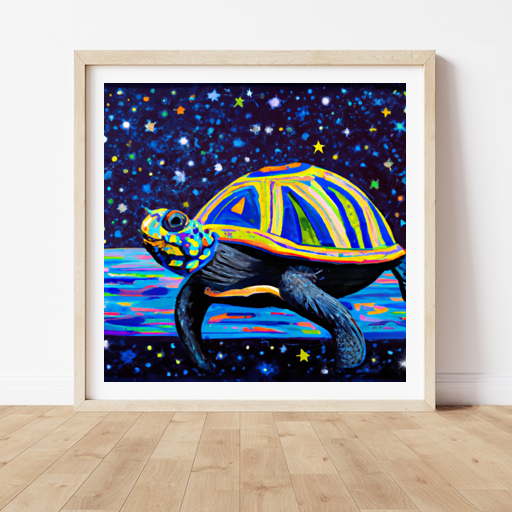 Create a surrealist painting of a hipster turtle swimming through a starry night sky. The turtle should be wearing a fedora and have a look of determination on its face as it paddles through the vastness of space. The stars should be twinkling and the colors should be vibrant and surreal.