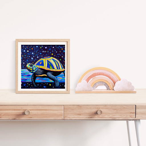 Create a surrealist painting of a hipster turtle swimming through a starry night sky. The turtle should be wearing a fedora and have a look of determination on its face as it paddles through the vastness of space. The stars should be twinkling and the colors should be vibrant and surreal.