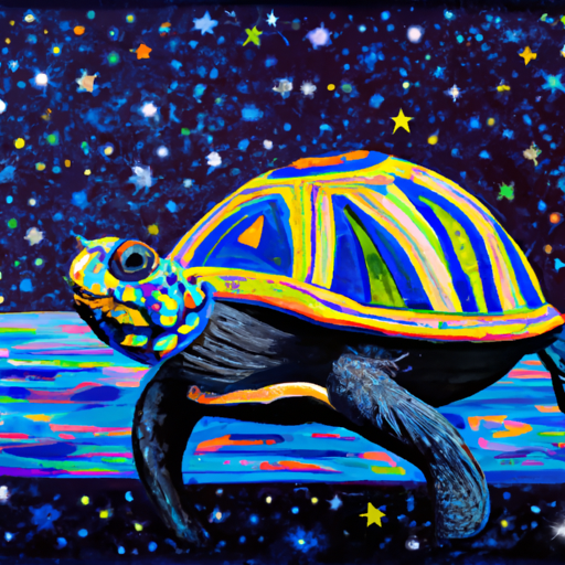 Create a surrealist painting of a hipster turtle swimming through a starry night sky. The turtle should be wearing a fedora and have a look of determination on its face as it paddles through the vastness of space. The stars should be twinkling and the colors should be vibrant and surreal.