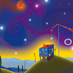 house underneath the stars, vibrant colors, 8k resolution, anti-aliasing, high dynamic range (hdr), ultra hd, vector graphics, whimsical, serene, landscapes, Salvador dalí, persian (islamic art), wassily kandinsky, digital painting, crane shot