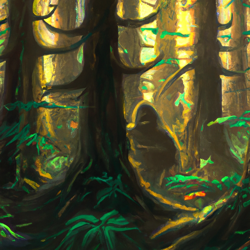 Create a surrealist painting of a mysterious forest inhabited by Bigfoot. The painting should feature a lush, vibrant forest with a Bigfoot lurking in the shadows, surrounded by a mysterious mist. The painting should be full of vibrant colors and have a dream-like quality to it. Make sure to capture the mysteriousness of the forest and the Bigfoot's presence.