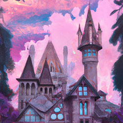 A Neo-Gothic Victorian mansion overtaken by fantastical jungle flora under a cotton-candy twilight sky.