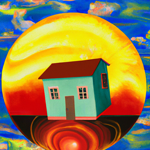 Create a painting of a house inside a globe, with a surrealist style. The house should be surrounded by a swirling, colorful sky, with a bright yellow sun in the background.