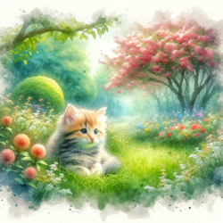 Create a painting of a cute cat outside in a garden. The cat should be sitting in a patch of grass, surrounded by colorful flowers and lush green trees. The painting should be in a watercolor style, with soft pastel colors and a dreamy atmosphere.