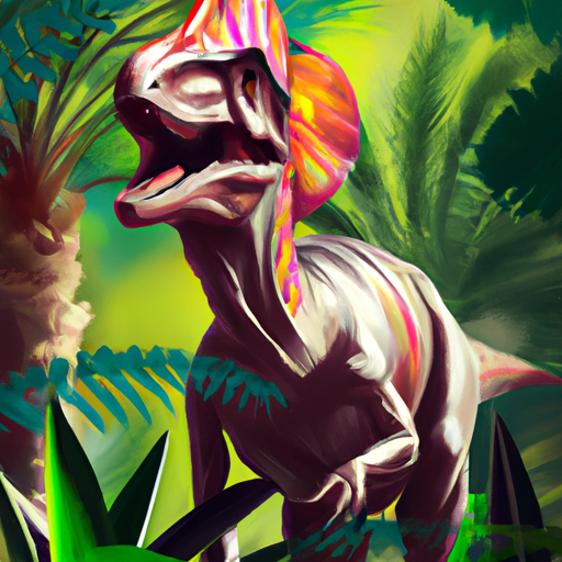 Create a surrealistic digital artwork of a realistic, colorful dinosaur in a lush jungle.