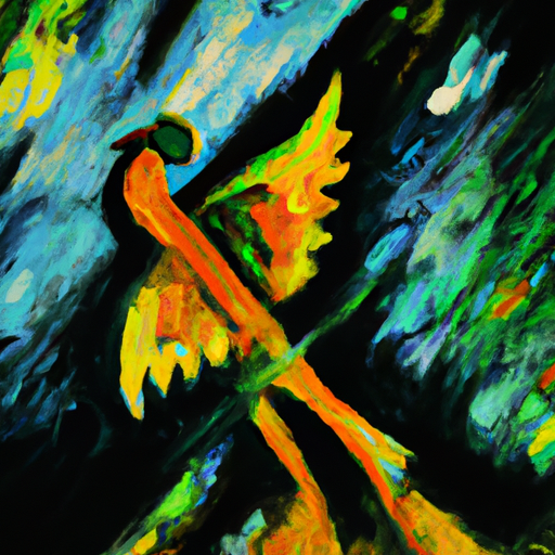 A vibrant tropical bird soars over a beach on an alien planet, its wingspan casting a shadow on the sand. Its feathers are a mix of blues, greens, and yellows, and its beak is a bright orange. Create a painting in the style of abstract expressionism of this scene.