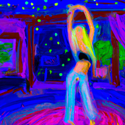 Create a painting of a woman dancing in her darkened living room. With stars above the ceiling. The woman should be blonde with a bright, happy expression. Use crayon art style with a touch of Monet to capture the beauty of the scene.