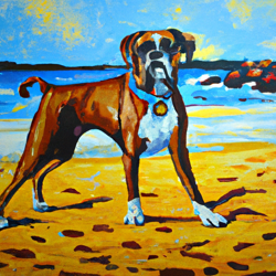 Imagine a spirited, brindle-coated boxer dog reveling in the joy of a sun-drenched beach. Every grain of soft golden sand is touched by the warm kiss of the setting sun, while azure waves playfully tease the shoreline. Create this scene in a vibrant, impressionist style painting, focusing on the contrasting textures of the dog's sleek coat and the rough sand.