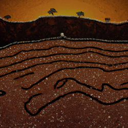 landscape, aboriginal (dot painting), warm colors, earth tones, 4k resolution, ultra hd, backlighting, mysterious, thought-provoking