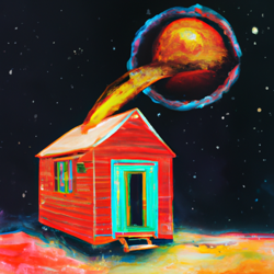 A house floating in the vastness of space, illuminated by stars and galaxies. A surreal, dreamlike painting in the style of surrealism. #surrealism