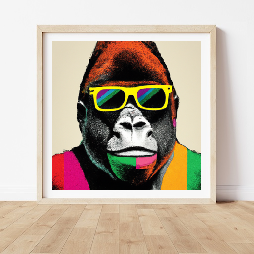 Imagine a portrait that combines raw animal power with cutting-edge fashion. A hulking gorilla, confidently clad in vivid multicolored stripes, radiates an aura of trendy urbanicity through its hefty, jet-black hipster glasses. Compose the piece in the dignifying light of Renaissance portraiture, with elements of pop-art to encapsulate the animal's contemporary style and remarkable beastly sophistication.