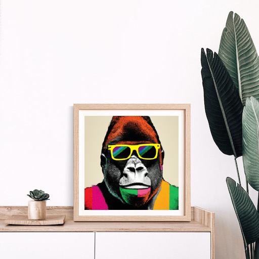 Imagine a portrait that combines raw animal power with cutting-edge fashion. A hulking gorilla, confidently clad in vivid multicolored stripes, radiates an aura of trendy urbanicity through its hefty, jet-black hipster glasses. Compose the piece in the dignifying light of Renaissance portraiture, with elements of pop-art to encapsulate the animal's contemporary style and remarkable beastly sophistication.