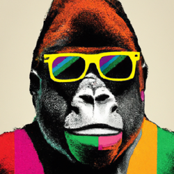 Imagine a portrait that combines raw animal power with cutting-edge fashion. A hulking gorilla, confidently clad in vivid multicolored stripes, radiates an aura of trendy urbanicity through its hefty, jet-black hipster glasses. Compose the piece in the dignifying light of Renaissance portraiture, with elements of pop-art to encapsulate the animal's contemporary style and remarkable beastly sophistication.