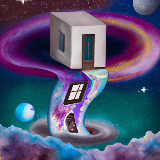 Create a surreal painting of a house floating in space, illuminated by stars and galaxies. #surrealism