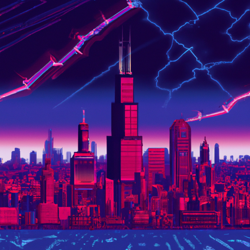 chicago downtown including sears tower in the style of happy cyberpunk