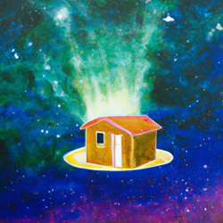 A house floating in the vastness of space, illuminated by stars and galaxies. A surreal, dreamlike painting in the style of surrealism. #surrealism