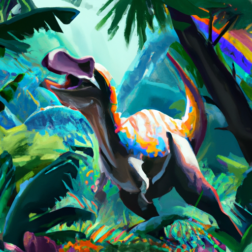 colorful dinosaur in the jungle, surrealism, realistic, digital art