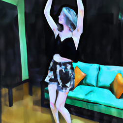 Create a painting of a woman dancing in her darken living room. The woman should be blonde with a bright, happy expression. Use a watercolor art style to capture the beauty of the scene.